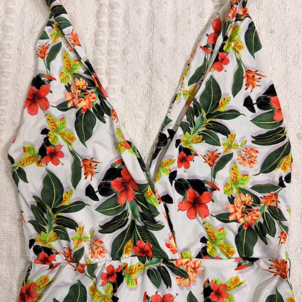 Arun Wear Tie Shoulder One Piece Swimsuit White Flower Tropical Medium NWT